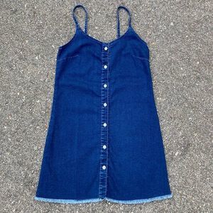 Denim Button Down Mini Dress Spaghetti Straps Fringe Hem 90’s Y2K Style JR Small
